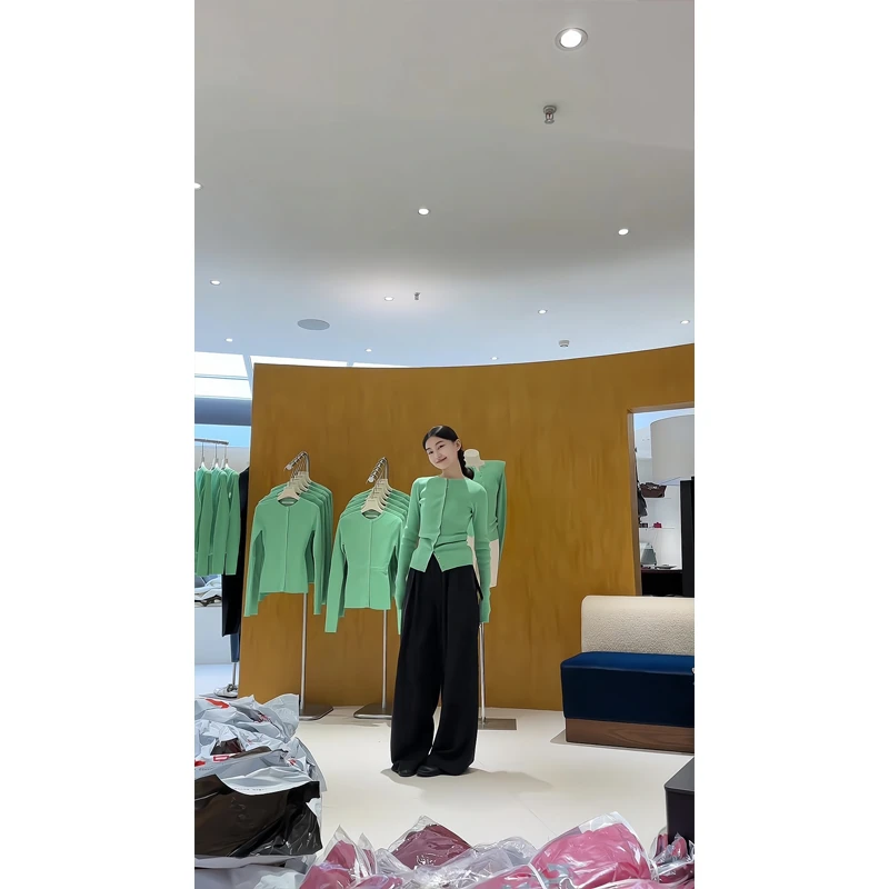 绿色针织开衫春季修身显瘦气质冷淡系上衣高腰褶皱西装裤子阔腿裤