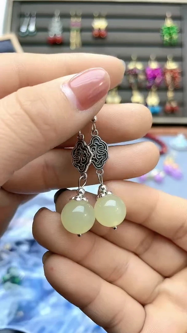 【闪购商品】和田玉耳饰银S925镶嵌100100