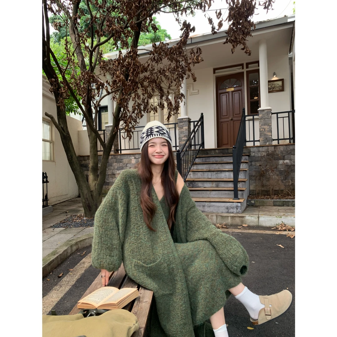 秋冬新款慵懒松弛温柔风宽松中长款毛衣开衫背心连衣裙两件套装女