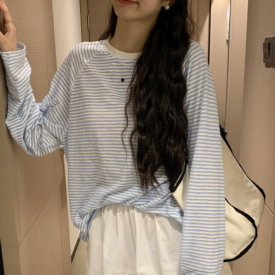 春夏色条纹长袖防晒T恤女薄款细条纹多巴胺色清爽百搭宽松上衣