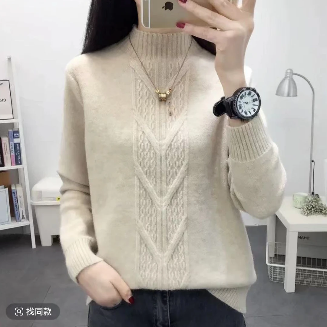 082半高领纯色菱格麻花针织套头