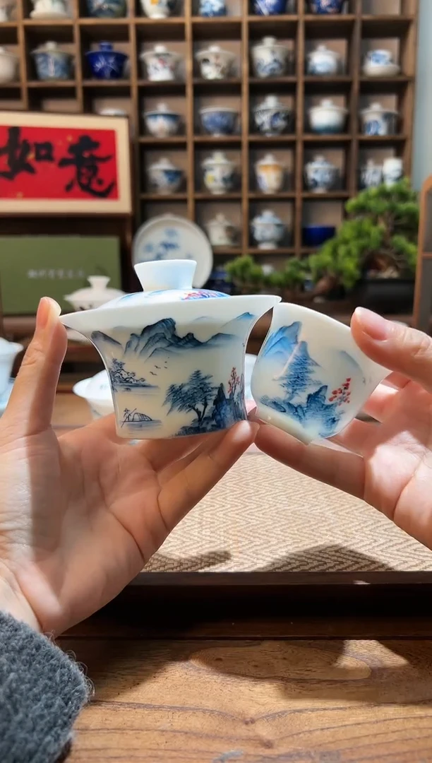 【闪购商品】手绘山水马蹄盖碗+送一杯