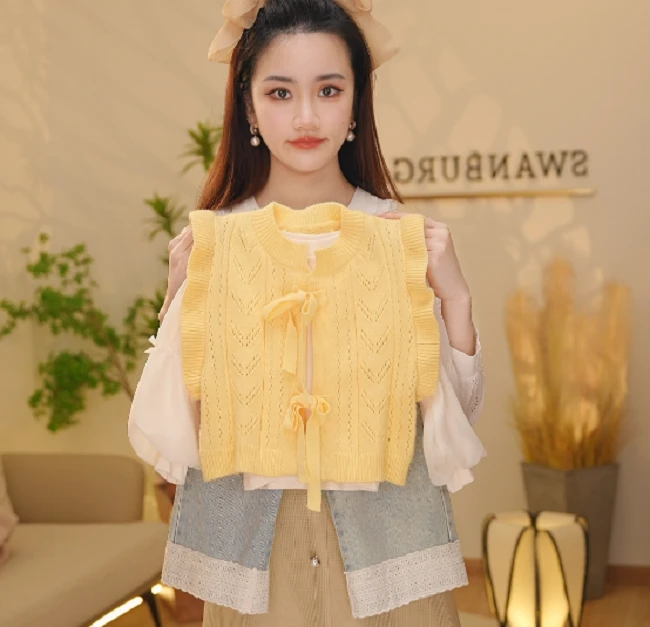 【Y.a9420】2025新款女宝甜美外穿绑带马甲百搭长袖牛仔裤女童套装