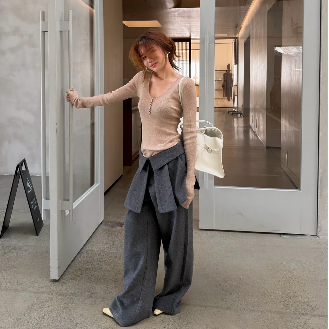 复古松弛感V领针织打底衫女秋冬新款慵懒风宽松显瘦百搭气质上衣