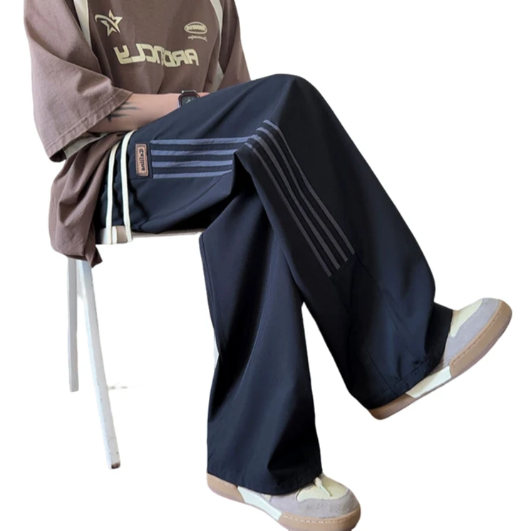 三条杠薄款冰丝裤男生2025夏季新款条纹运动裤潮牌宽松直筒休闲裤