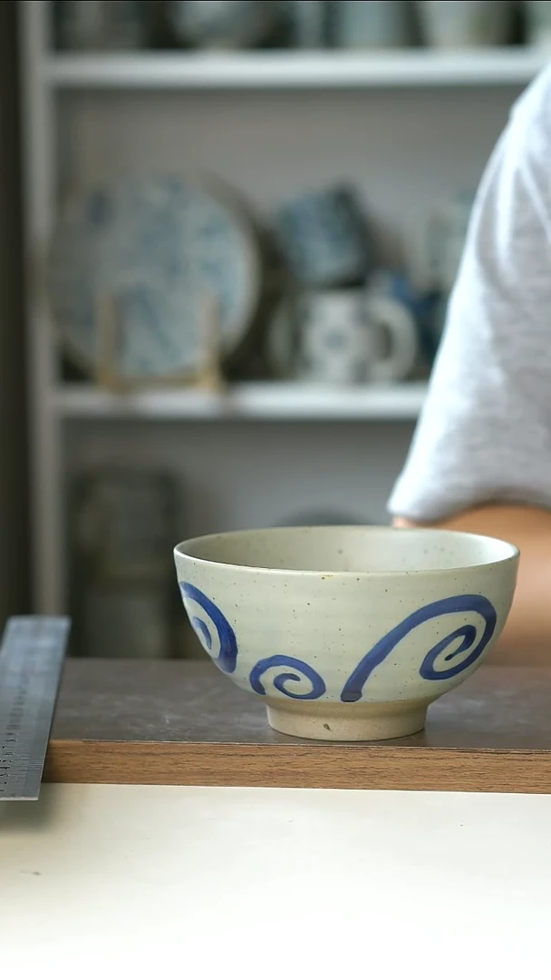 陶瓷微瑕粗陶画釉罗圈纹12米饭碗@4-2@
