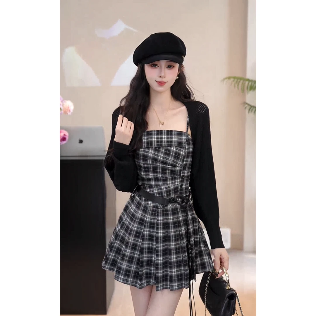 YUANLIANSU/圆脸酥【澄暮青萝】千金风罩衫+格子吊带裙两件套女秋季