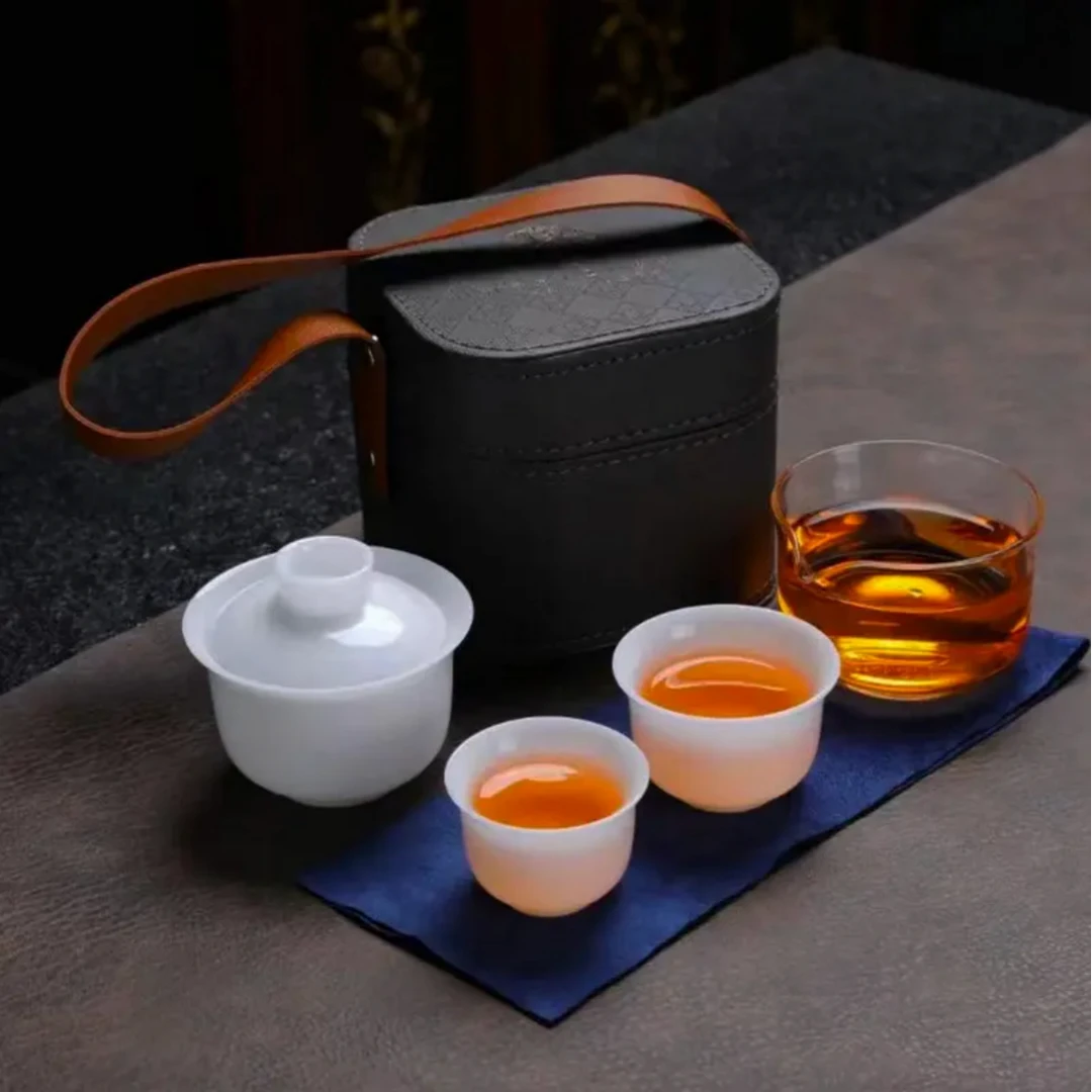 【沉鱼】纯白冰种玉瓷旅行茶具简约户外带盖盖碗便携功夫茶具陶瓷