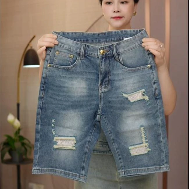 夏季五分男士破洞烫钻短裤欧货弹力韩版百搭时尚修身小直筒中裤