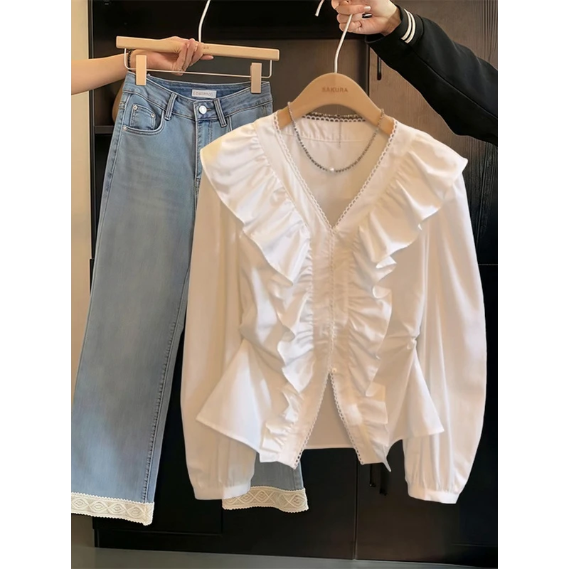 法式时尚荷叶边V领白色衬衫女士夏季2025新款轻奢高级感长袖上衣