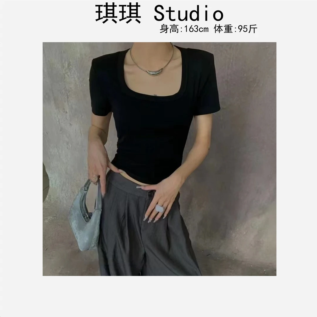 春季新款潮流气质时尚方领纯色基础减龄显瘦减龄休闲短袖1639-G