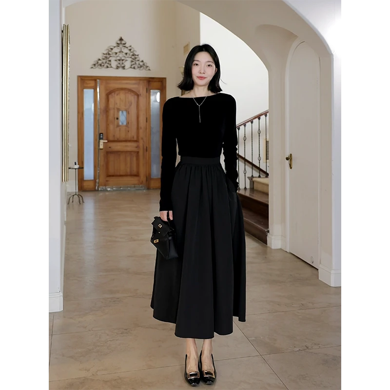 郭九九呢 天丝混纺针织气质一字领毛衫收腰显瘦伞裙 G925A00421