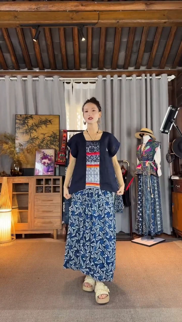 设计师款蓝染拓印气球裙