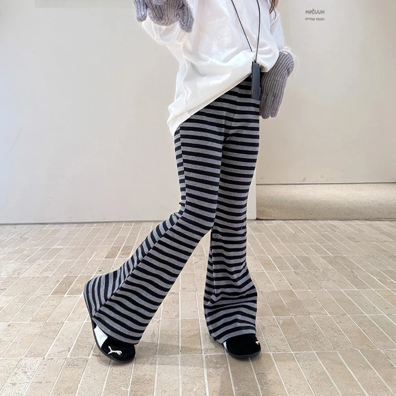 女童韩版条纹针织喇叭裤2025秋装新款女孩简约休闲百搭打底长裤子