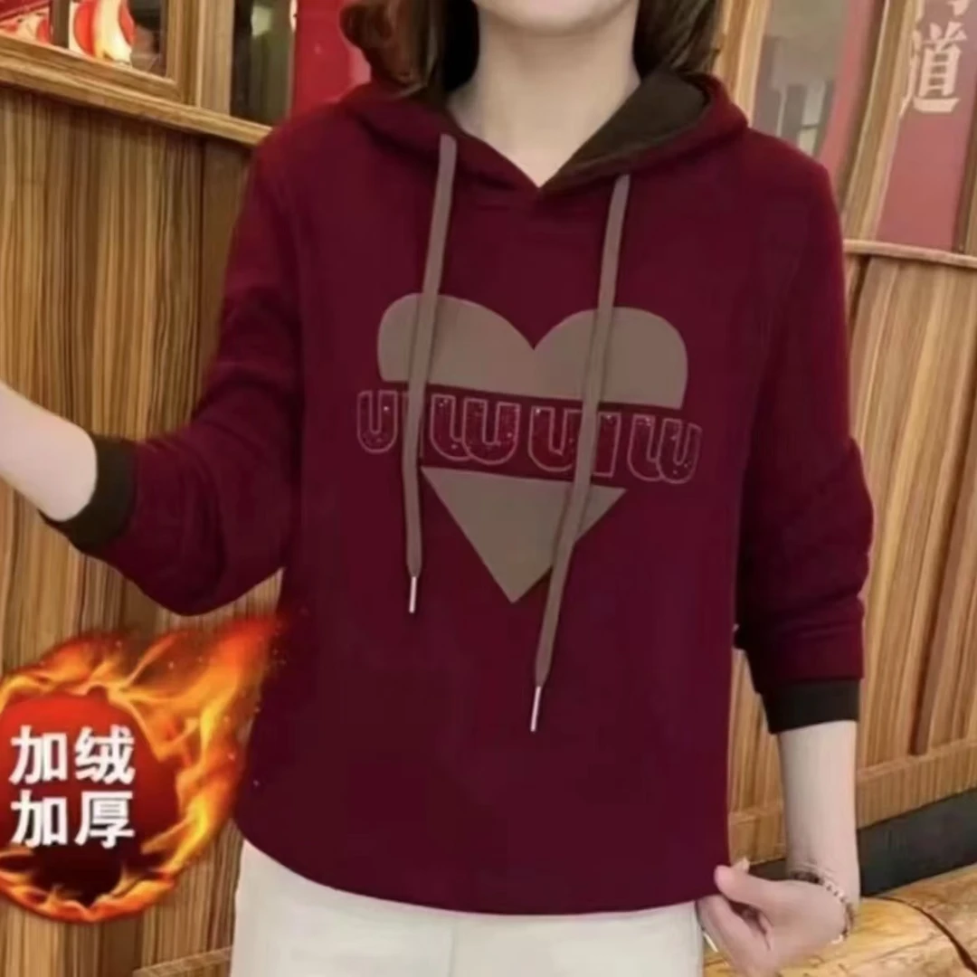 秋冬新款连帽亮钻爱心卫衣加绒加厚卫衣宽松休闲百搭保暖上衣