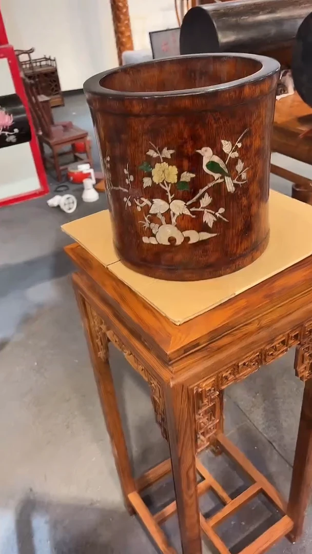 木木头款菓*杨黄花梨笔筒笔筒28直径镶嵌