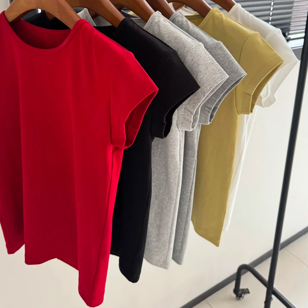 小巧气质纯色立体洋气修身正肩显瘦弹力2025夏季新款短袖T恤时尚