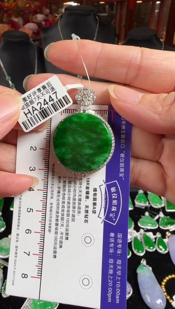 颈饰18K金镶嵌翡翠HA2447辣绿平安无事牌