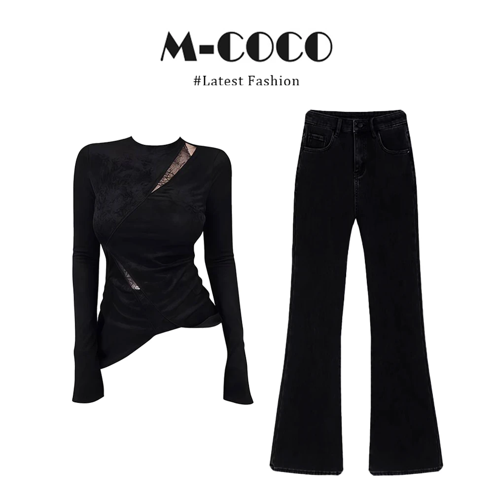 【性价比首选】黑色拼接不规则蕾丝T恤女秋冬季圆领套头上衣女套装