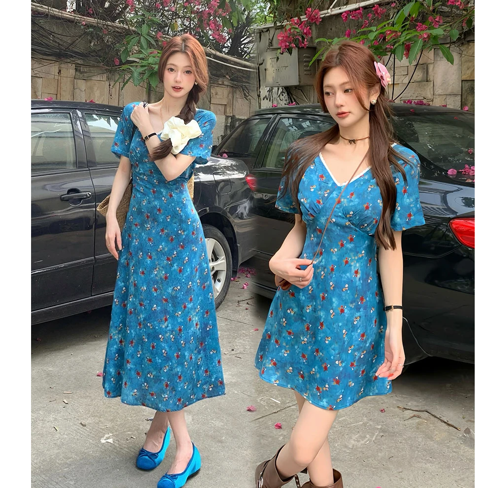 妍妍大码夏碎花领雪纺收腰短袖闺蜜连衣裙胖MM藏肉系带显瘦中长裙