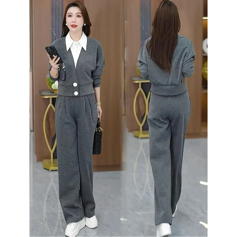 时尚套装女2025春季新款洋气显瘦减龄拼接假两件上衣阔腿裤两件套