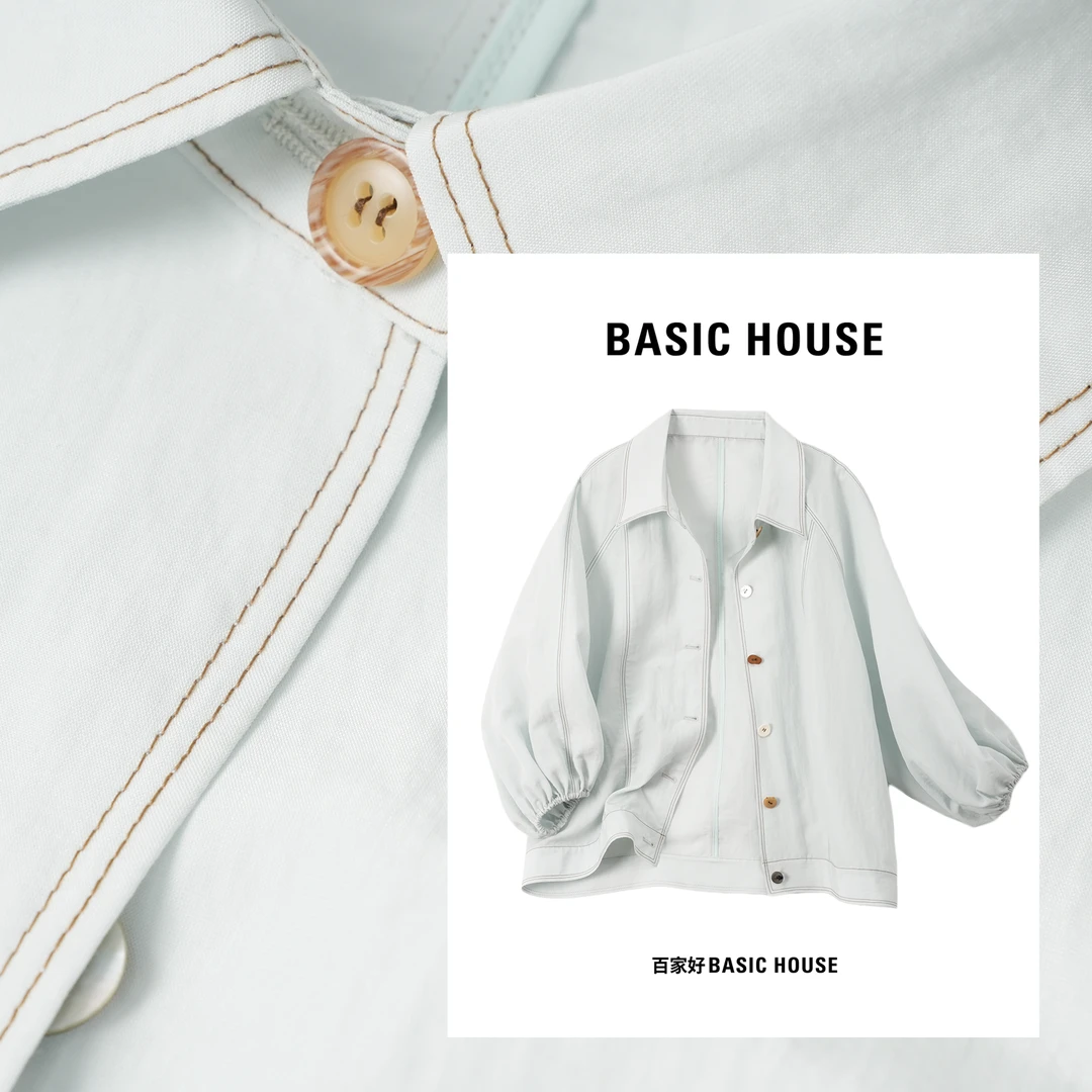 Basic House/百家好2025夏季新款彩扣半袖宽松百搭明线衬衫6332YY