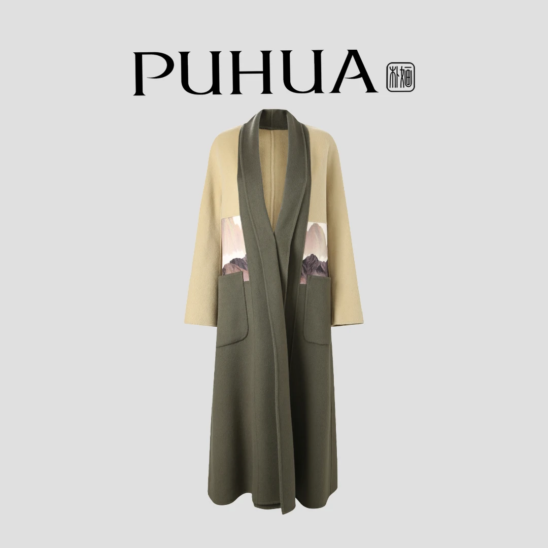 【PUHUA-朴婳】2025秋冬季宽袖长款翻领毛呢外套上衣时尚拼接 624