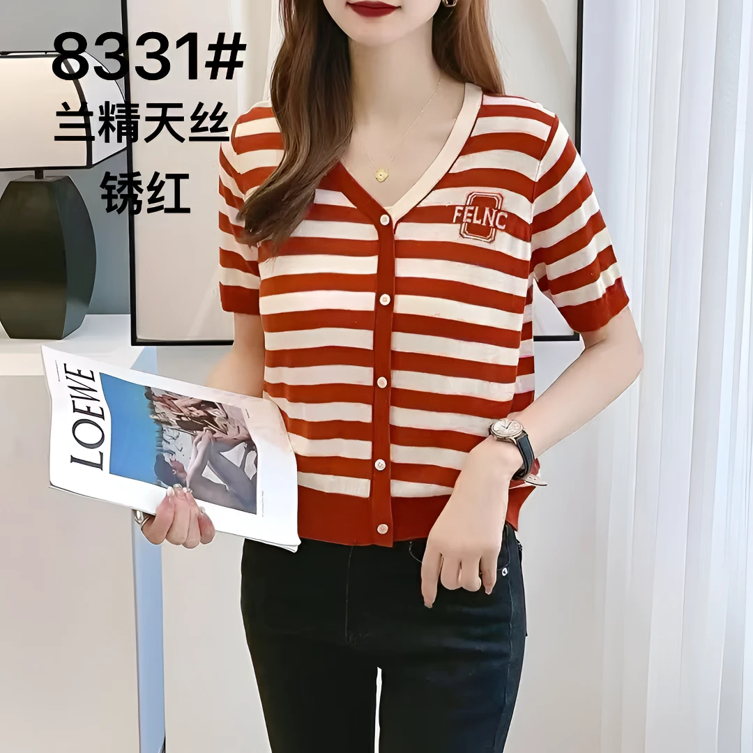 8331条纹假开衫v领修身黑色夏季洋气宽松复古撞色针织衫天丝T恤