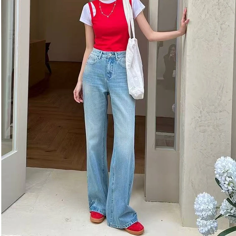 B-01【豪】夏季复古薄款浅色直筒牛仔裤女宽松小个子高腰阔腿拖地裤