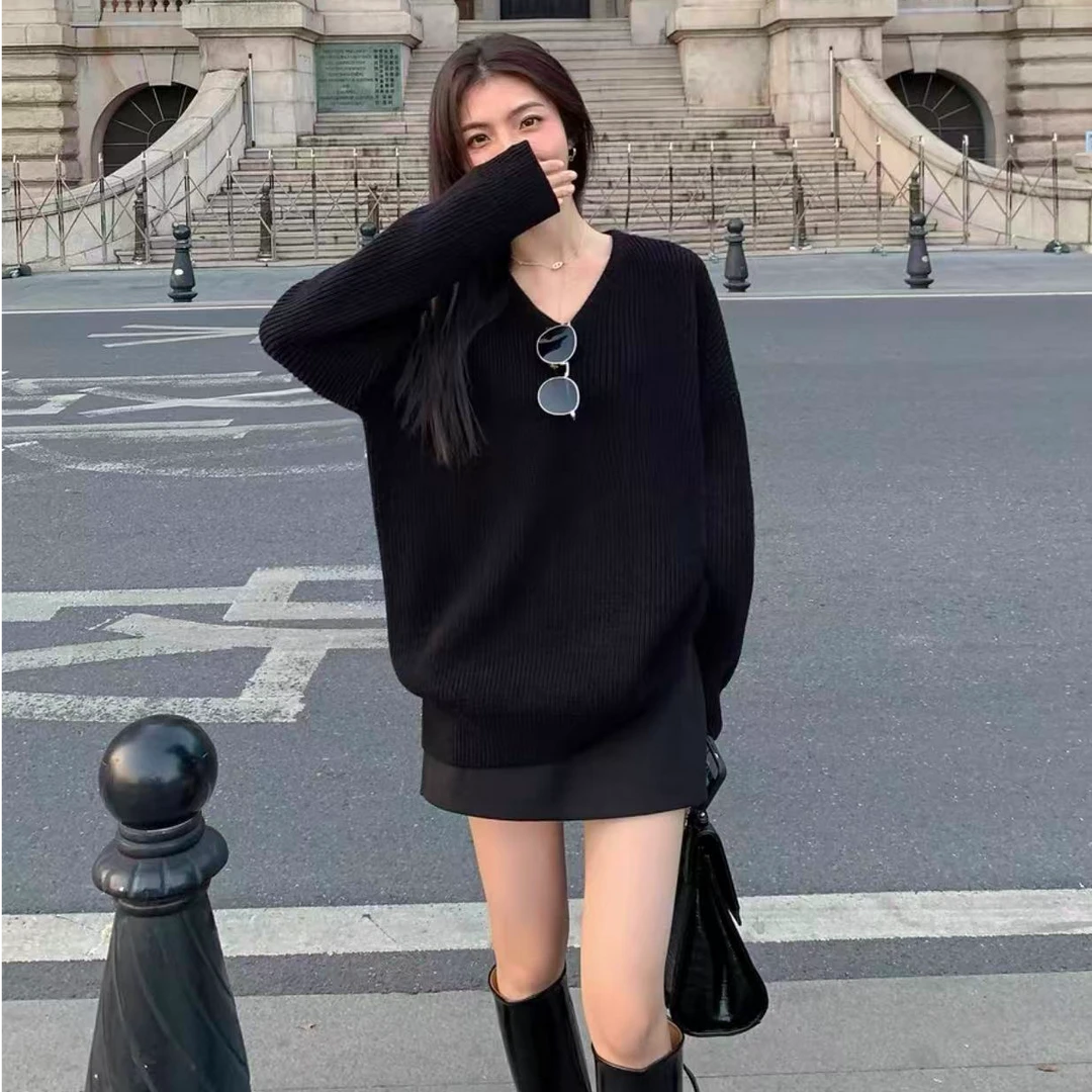 福利--选择编码--秋冬v领纯色上衣宽松慵懒风长袖套头毛衣女