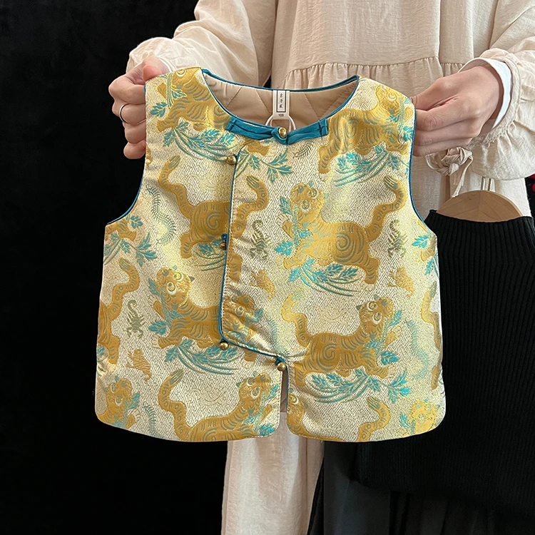 男女童国潮古风盘扣新中式唐装儿童夹棉马甲提花旗袍背心拜年服