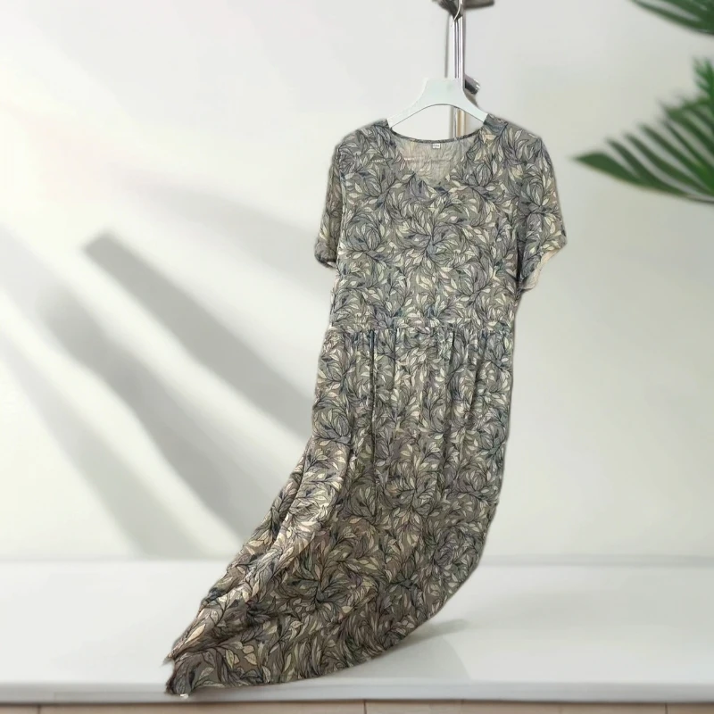 9707-夏季新款V领长裙短袖文艺风气质妈妈装中长裙（D仓）