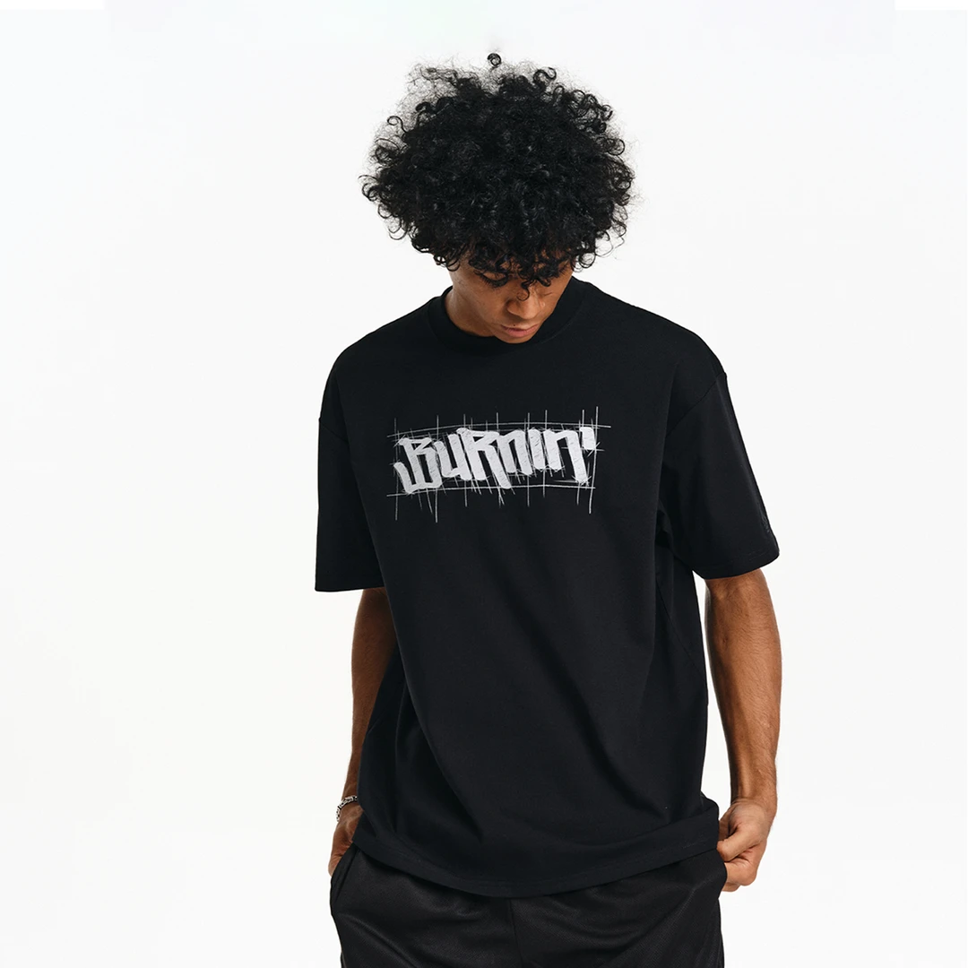 BURNIN25SS*素描线条横排logo短袖T恤宽松圆领小火苗运动纯棉休闲