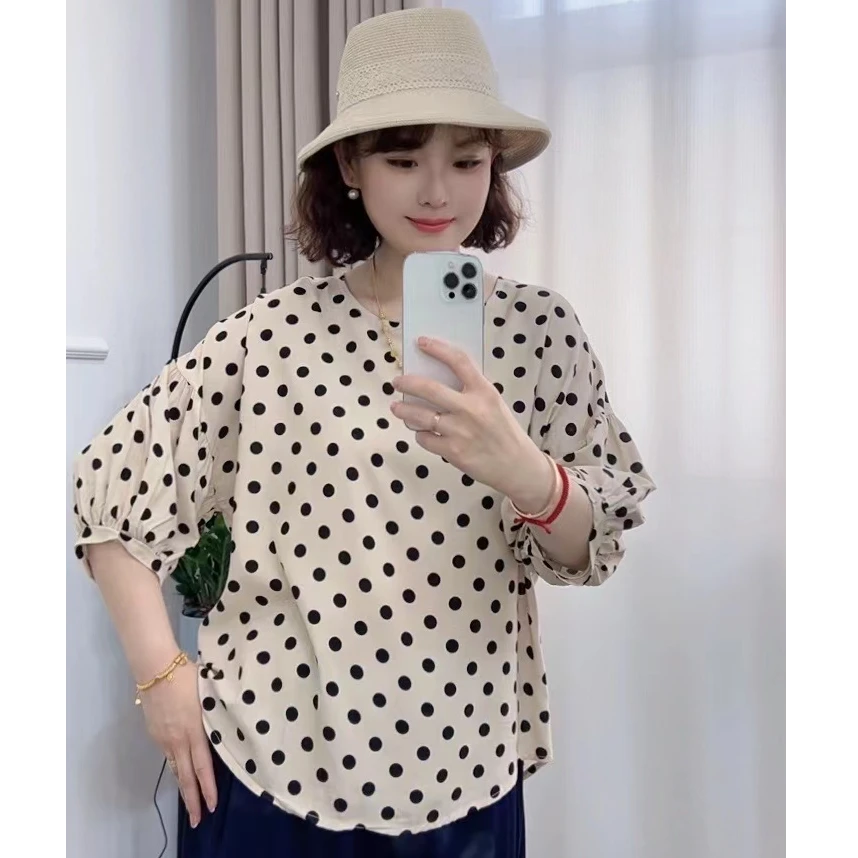 范范家【人造棉】气质慵懒显瘦遮肉五分泡泡袖娃娃衫2548