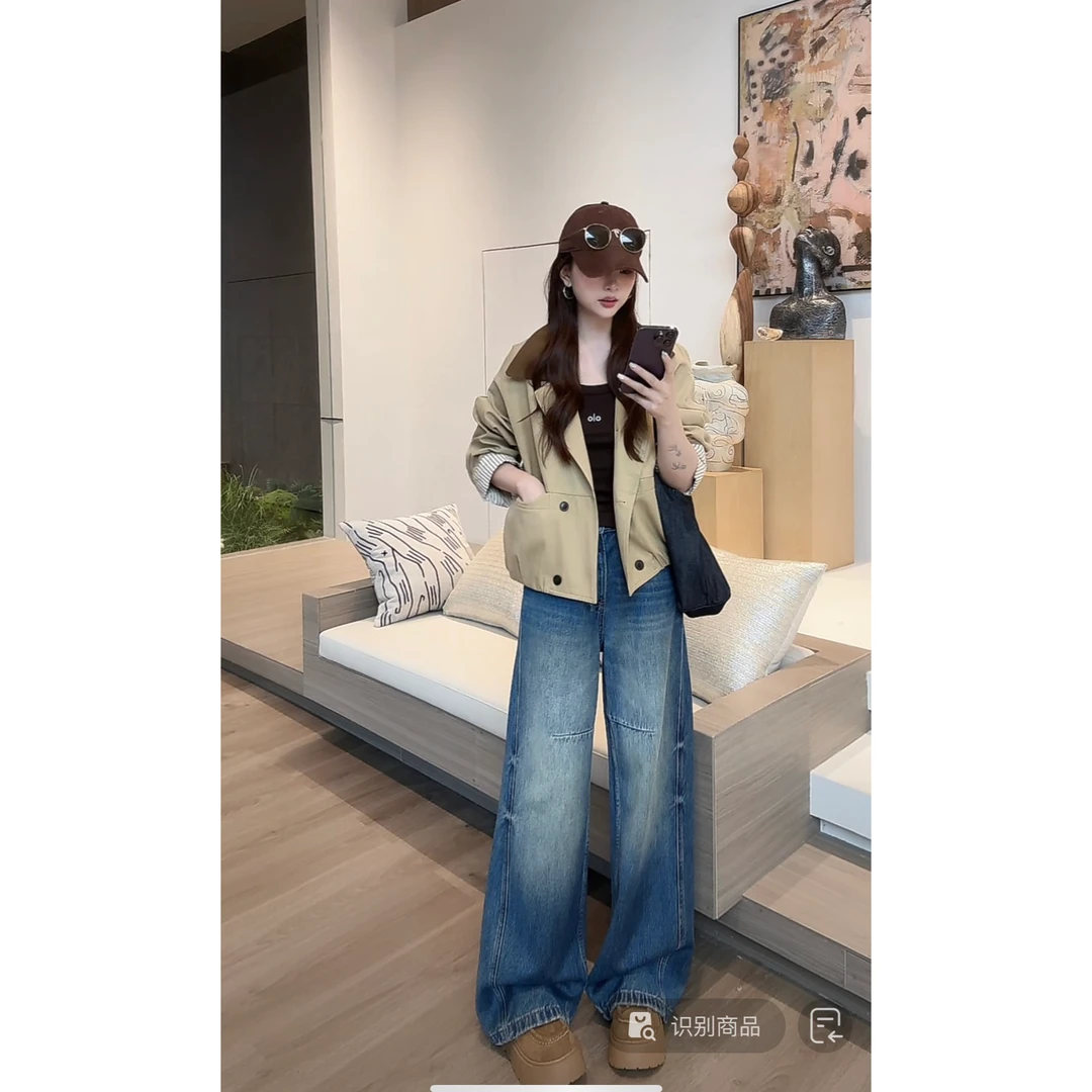 C08010莱赛尔秋季新款休闲宽松慵懒风双排扣撞色领长袖风衣外套