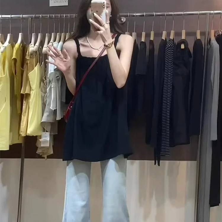 小个子黑色中长款背心女夏季外穿夏日法式独特绝美小吊带无袖上衣