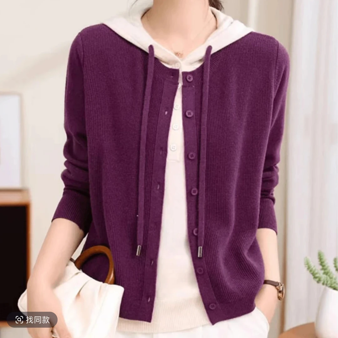 2假两件连帽开衫针织衫秋冬新款长袖套头毛衣设计感上衣