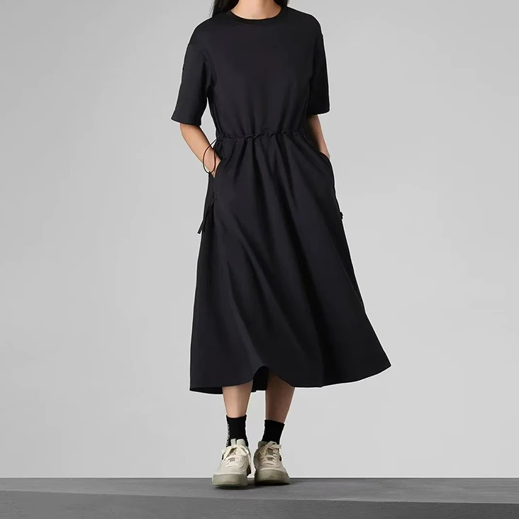 宝丫轻奢  女式时尚休闲抽绳收腰圆领短袖连衣裙K2545