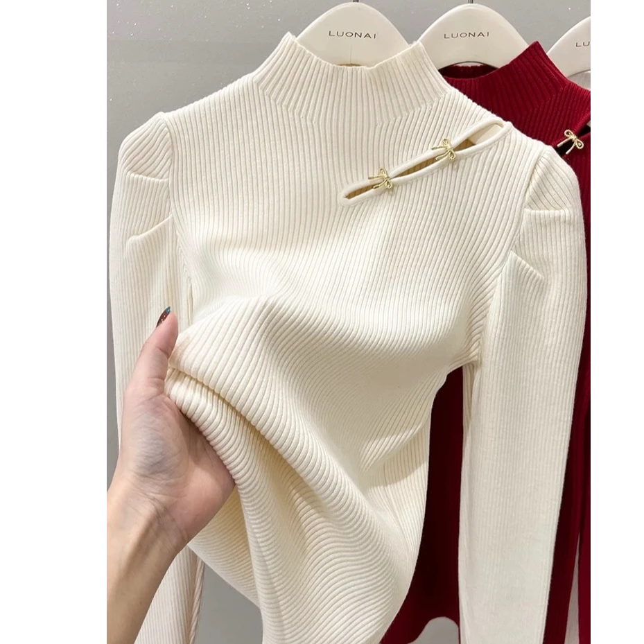 3535大码女装2024秋冬装新款新中式镂空针织衫盘扣半高领打底衫