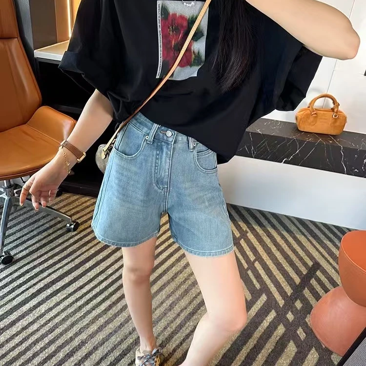 复古蓝四面弹牛仔短裤女2025新款夏季高腰显瘦a字热裤小个子百搭