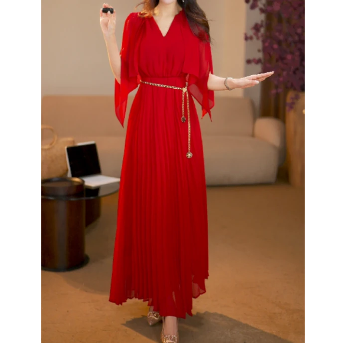 【可可专属】落日森林 法式轻奢希腊风压褶小众高腰连衣裙-HZ80012