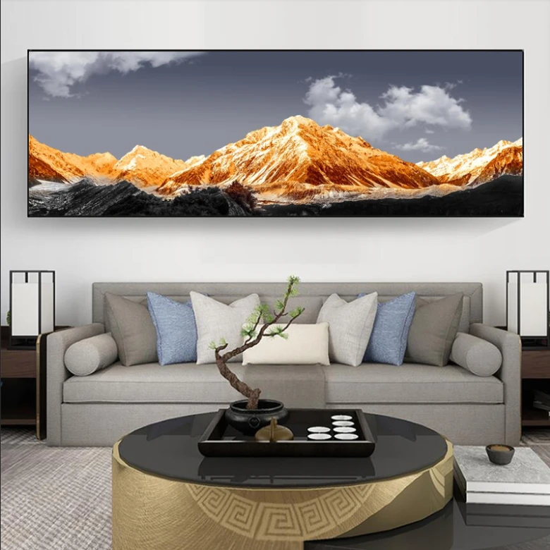 日照金山山水画沙发背景挂画晶钻烤瓷面铝合金边框客厅玄关画