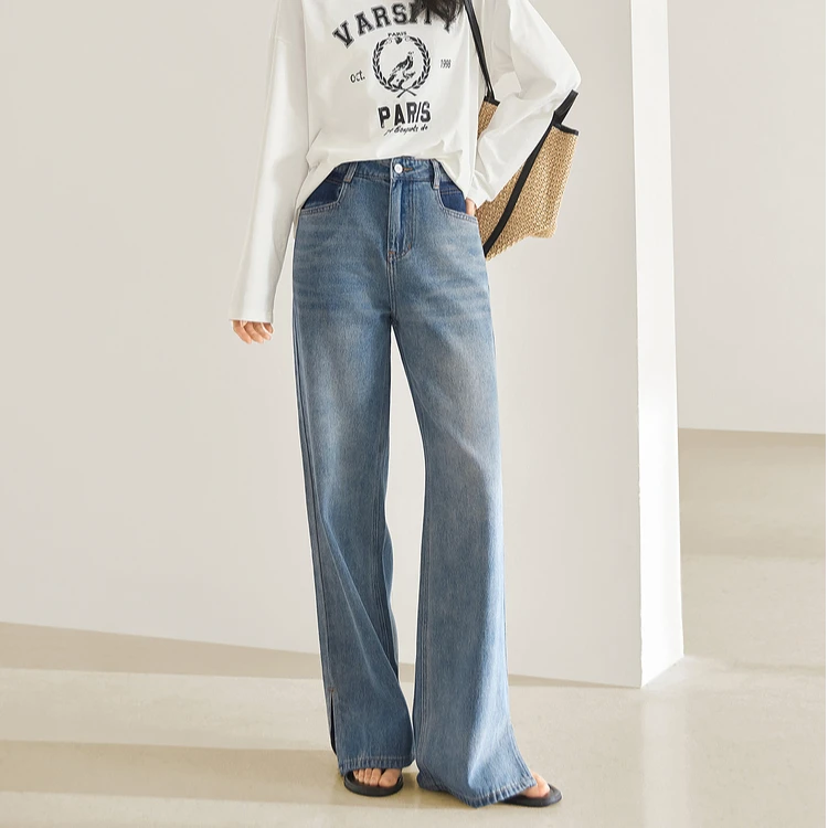 ZZ-04【法兰】夏季浅色直筒阔腿牛仔裤女阔腿宽松开衩长裤