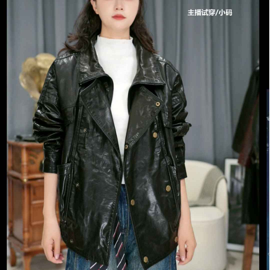【0720】杨树林冬款加绒皮衣时尚百搭 双层领口廓形皮衣加绒加厚