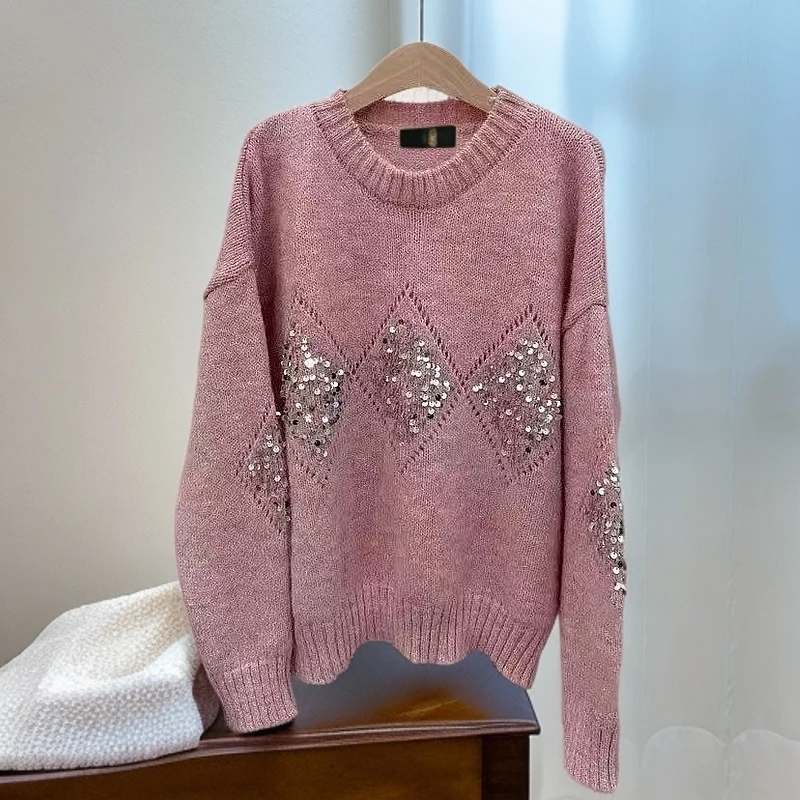 【锦衣服饰】79831菱格亮片短款针织