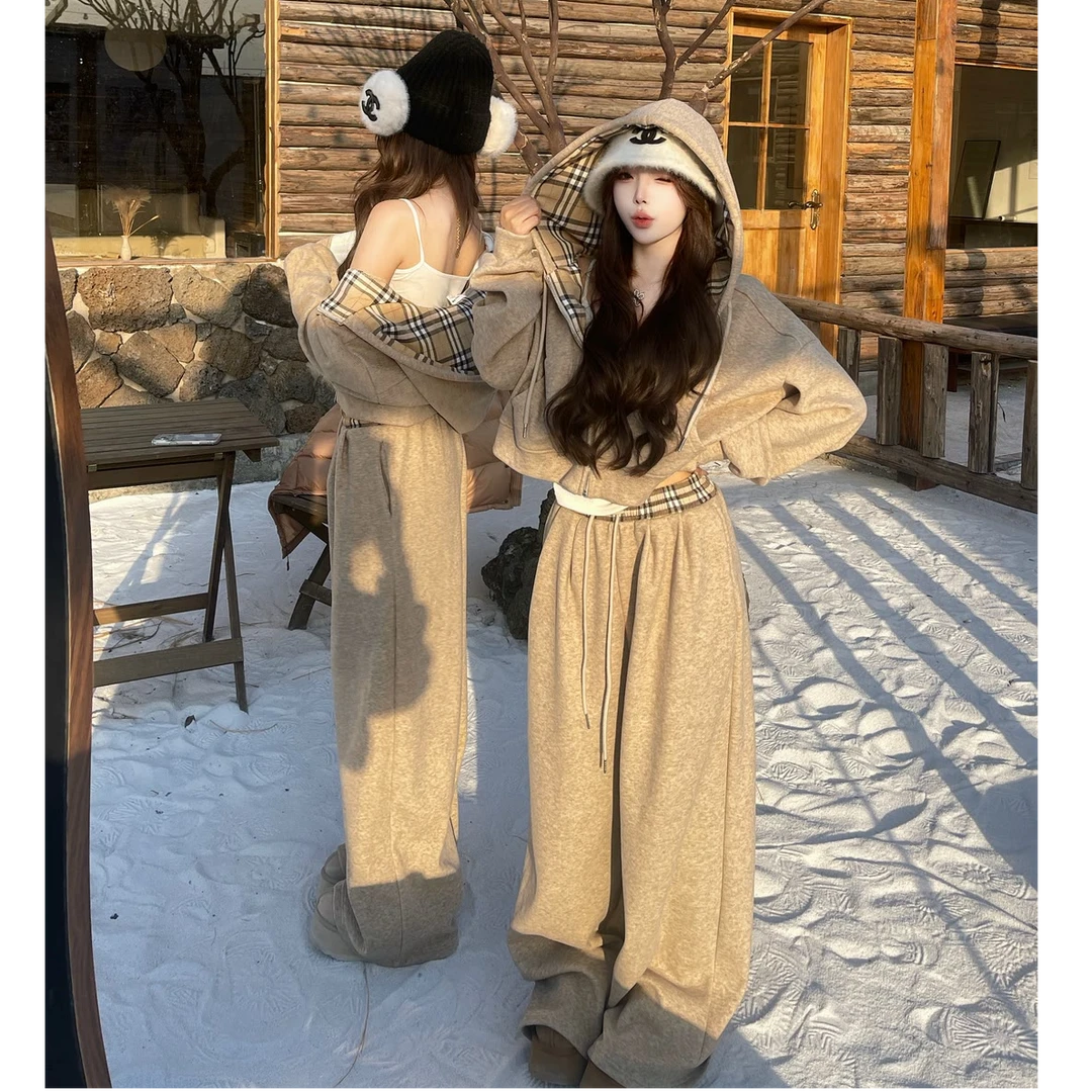 韩系ins风大码休闲高级感加绒连帽上衣宽松加厚阔腿裤套装