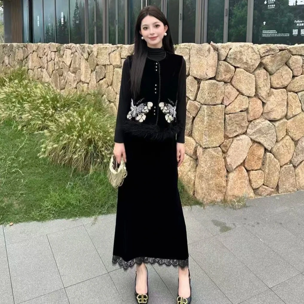 2025秋冬新款新中式套装女气质蝴蝶提花马甲丝绒半身裙国风两件套