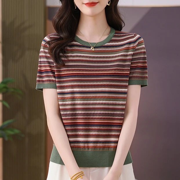 来赛尔圆领条纹短袖时尚薄款百搭T恤显瘦休闲洋气宽松夏季女装