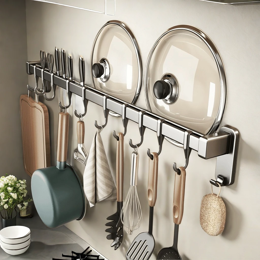 厨房挂钩免打孔挂杆锅铲勺子挂钩架多功能置物架壁挂墙上收纳挂架