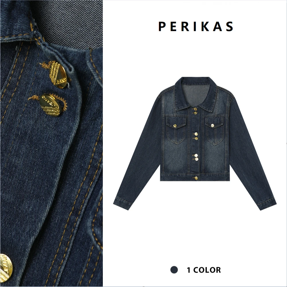 PERIKAS牛仔外套女春秋显瘦减龄洋气法式设计感短款夹克上衣1125